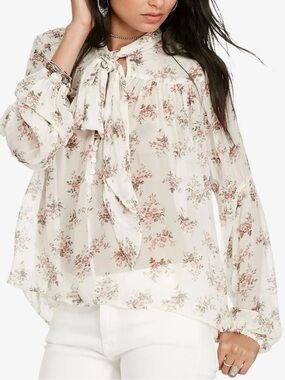 Denim and Supply Ralph Lauren Sheer Gauze Floral Ivory Tie Neck Cottage Blouse